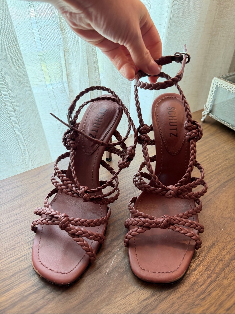SCHUTZ Braided Strappy Heeled Sandals in Brown